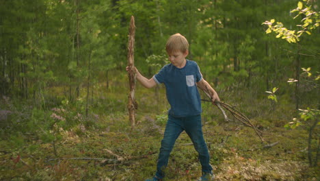 Ein-Junge-Sammelt-Trockene-Baumstämme-Für-Ein-Lagerfeuer-Im-Wald